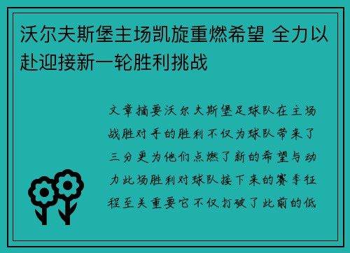 沃尔夫斯堡主场凯旋重燃希望 全力以赴迎接新一轮胜利挑战