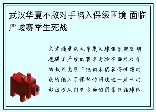 武汉华夏不敌对手陷入保级困境 面临严峻赛季生死战